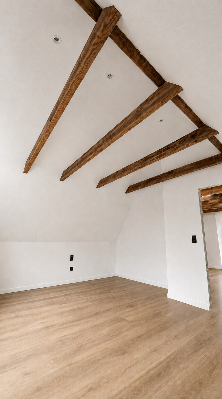 Obergeschoss im Loft-Stil mit freigelegten Dachbalken