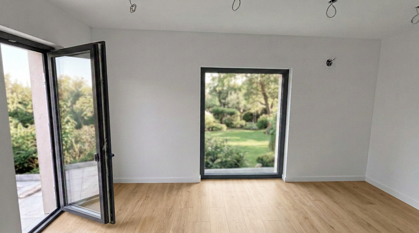 Esszimmer mit Zugang zur Ostterrasse und Blick in den grünen Südgarten