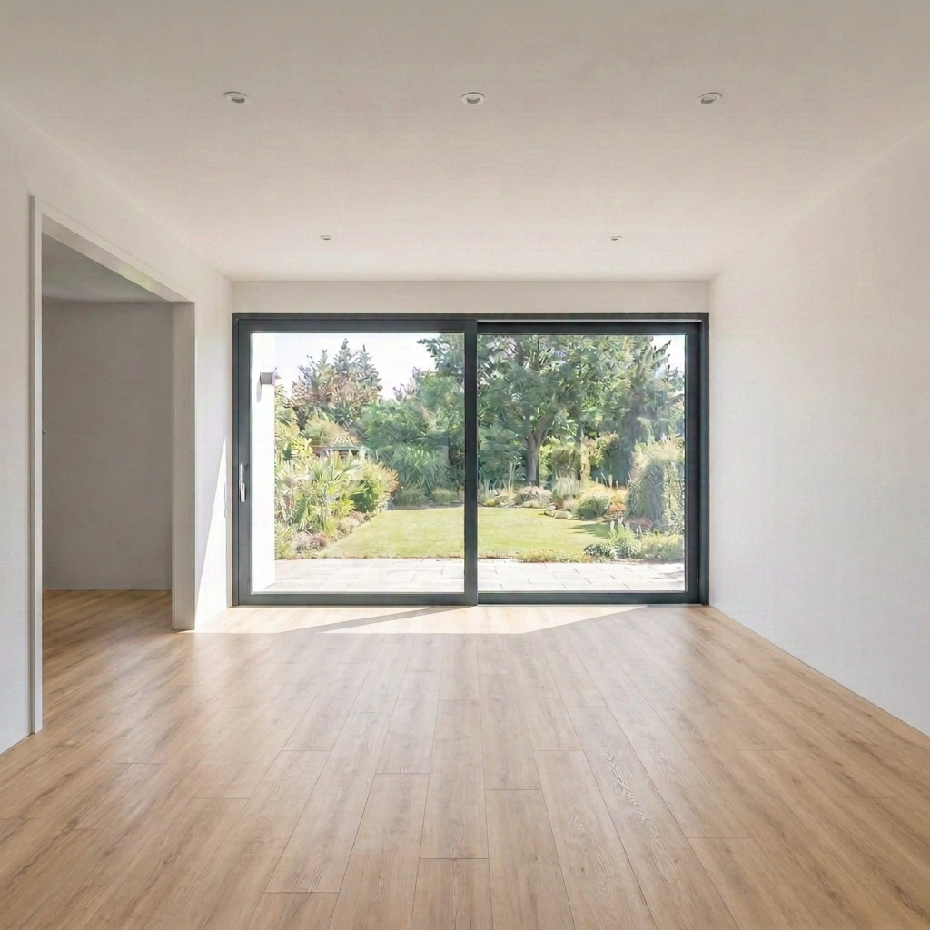 Helles Wohnzimmer im Erdgeschoss mit Blick in den Garten
