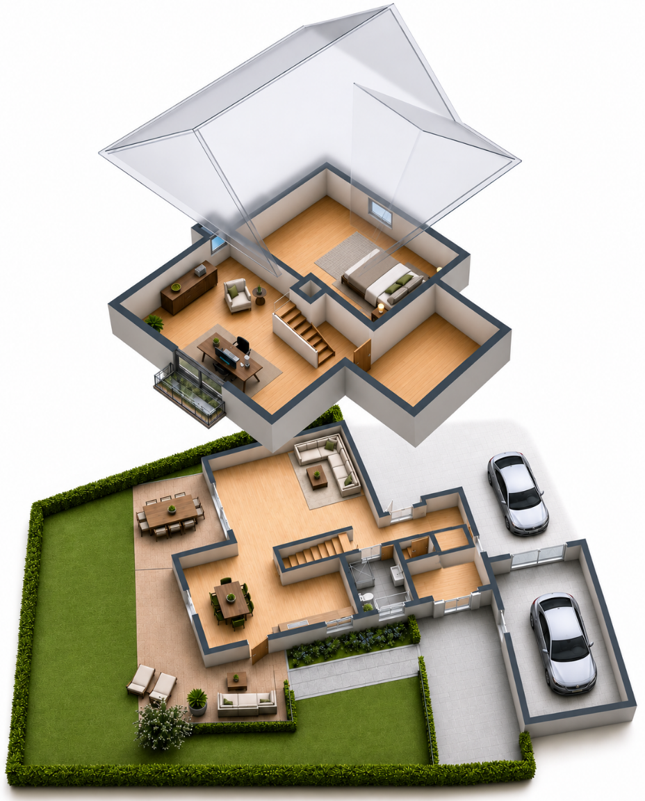Isometrische 3D-Visualisierung des Hauses mit gestapelten Geschossen und Klickpunkten